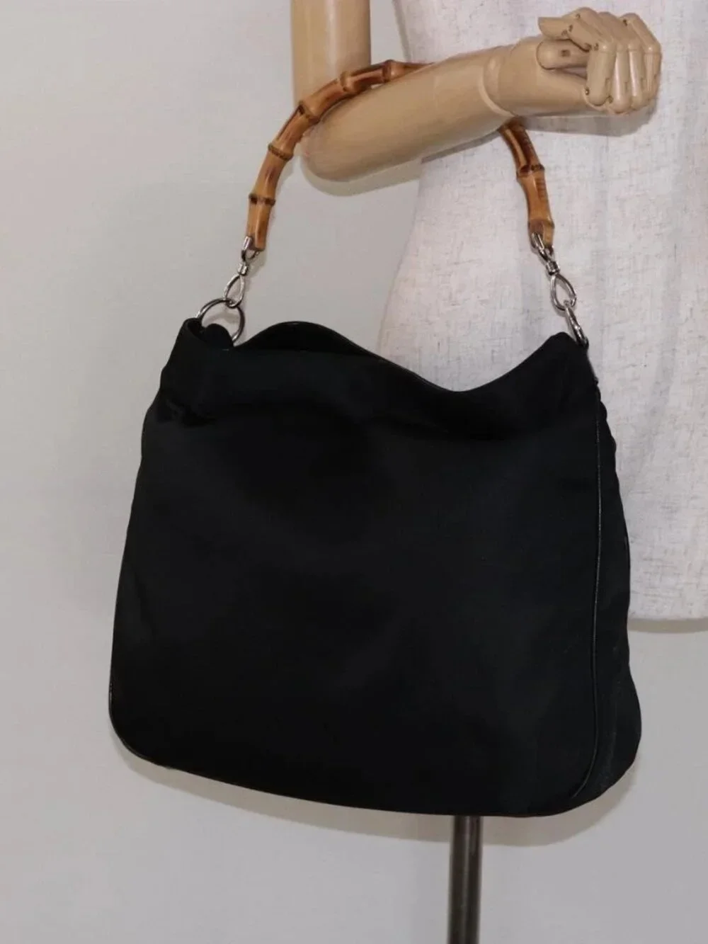 GUCCI Bamboo Hand Bag Nylon Black Silver 001 2123 1577 Auth ep9772